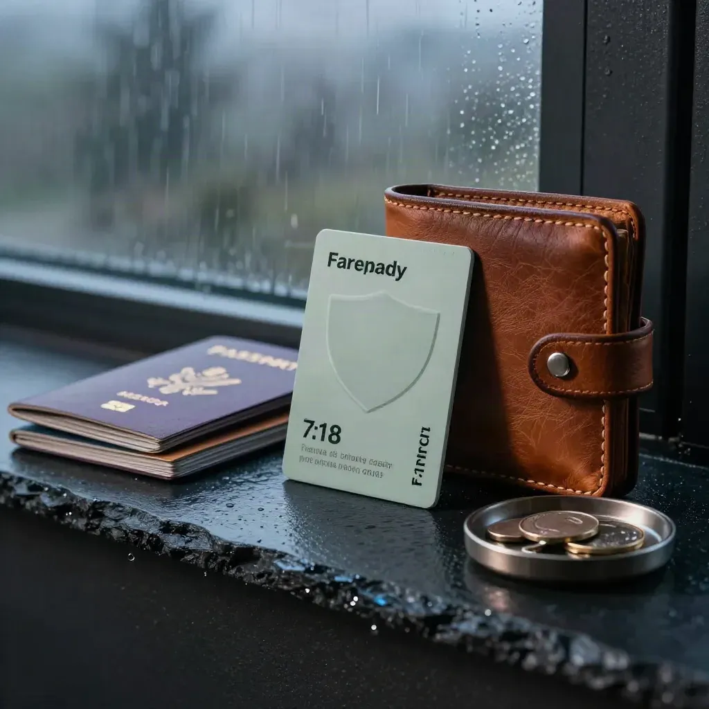 Shield card beside wallet, passport sleeve, pouch and coin tray on a wet slate ledge.