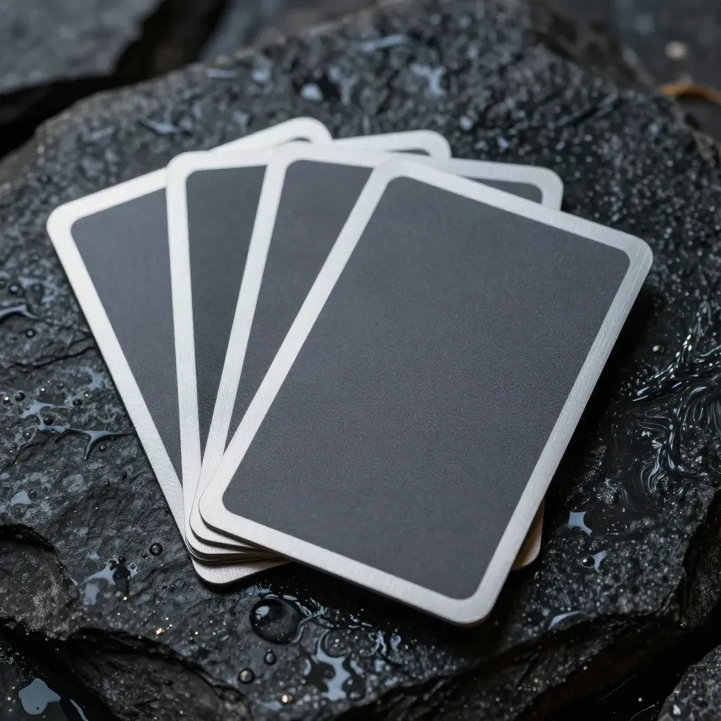 Three shielding cards fanned on wet basalt with silver edges and water droplets.