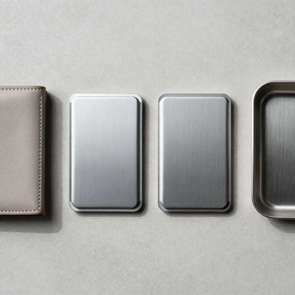 Overhead flatlay of two RFID wallet inserts, a wallet corner and metal tray on pale concrete.