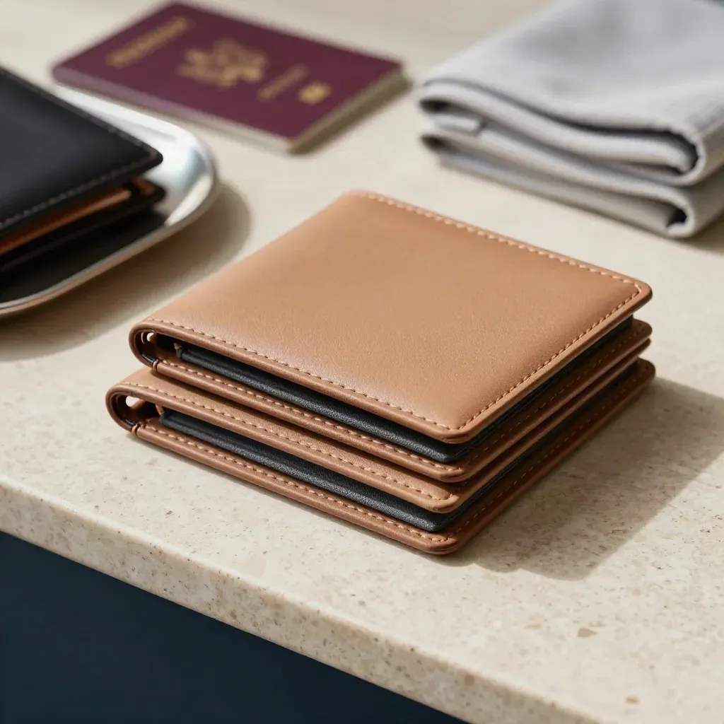 Three matte RFID wallet sleeves stacked on travertine with a navy wallet and soft shadow.