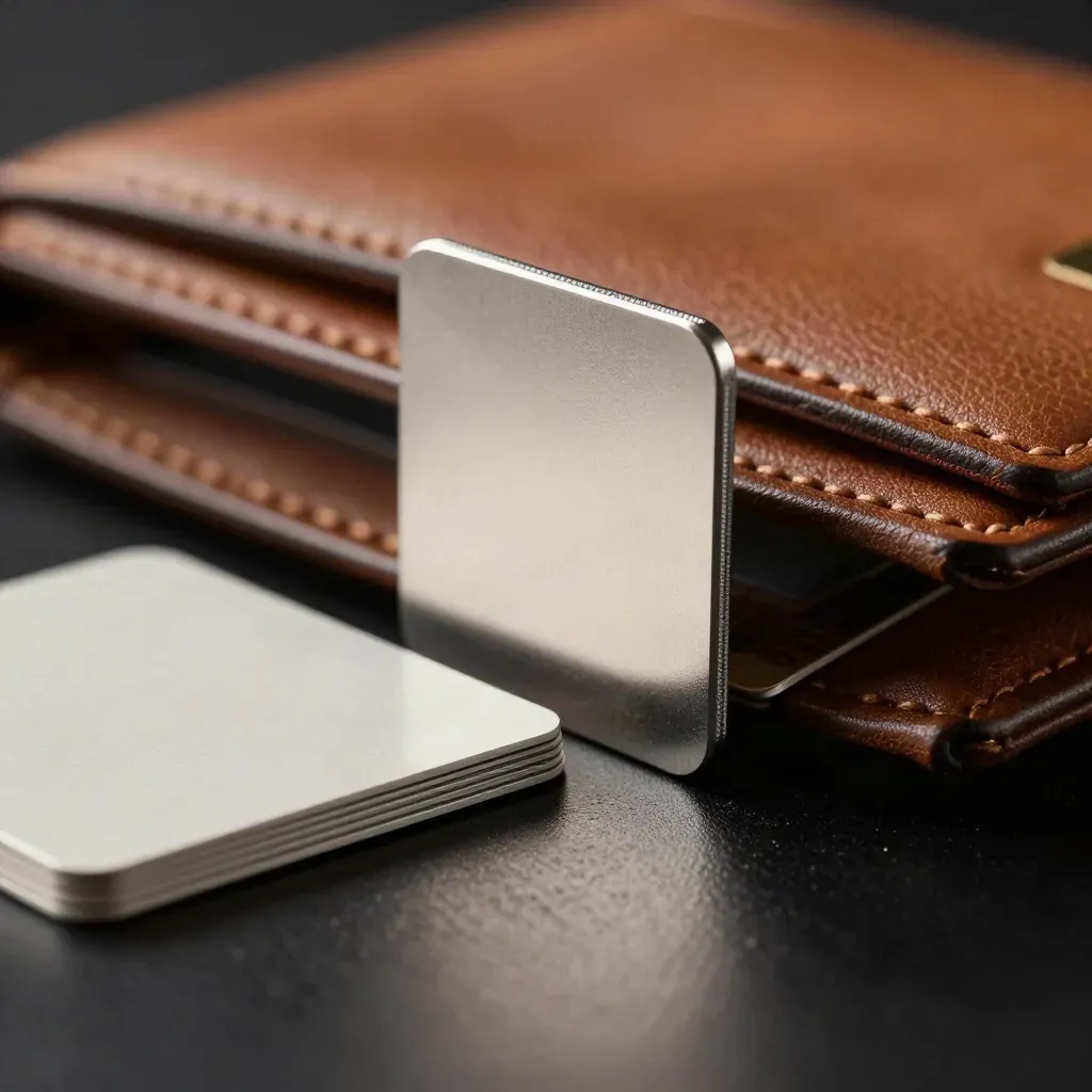 Upright RFID blocking insert between blurred wallet edges in a dark studio.