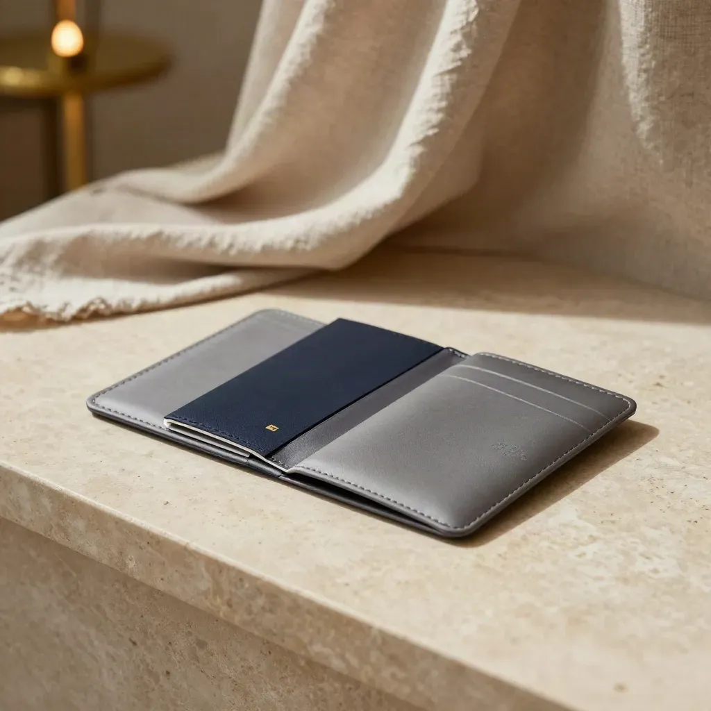 Warm marble landing with RFID card sleeves, linen drape, and soft brass glow.